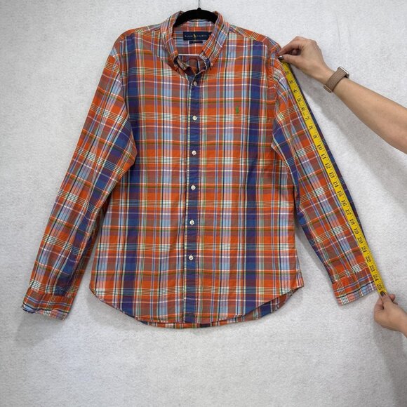 Ralph Lauren Shirt Mens Large Orange Blue Plaid Slim Fit Button Down Long Sleeve - Picture 2 of 9